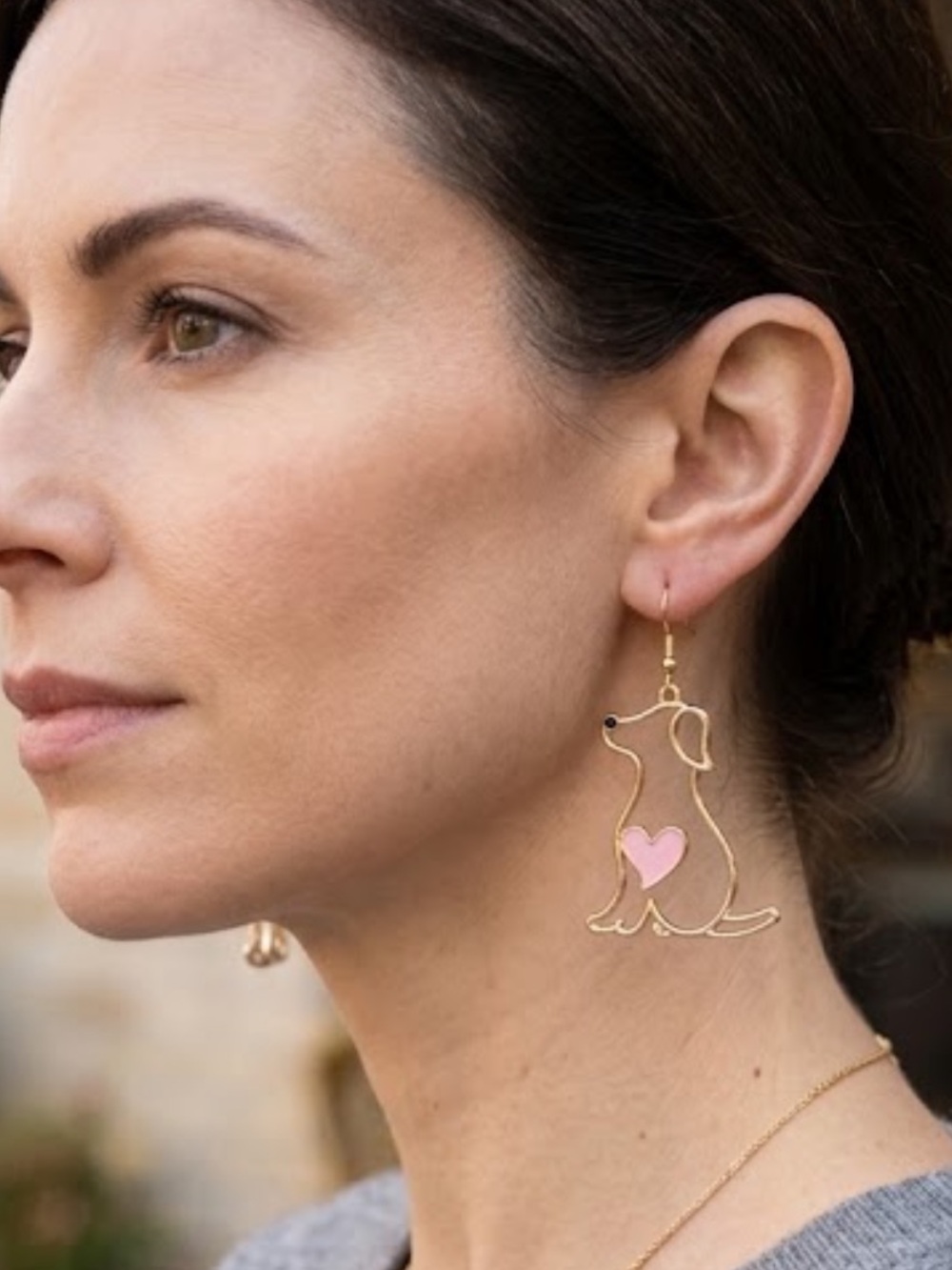 Puppy Dog & Pink Heart Gold Dangle Earrings Sweet Romantic Gift 
C3